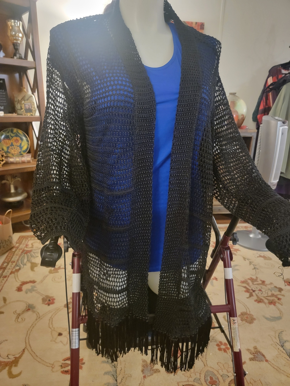 Black Open-Weave Fringe Cardigan Sweater Ralph Lauren Sz One Size Fits All
